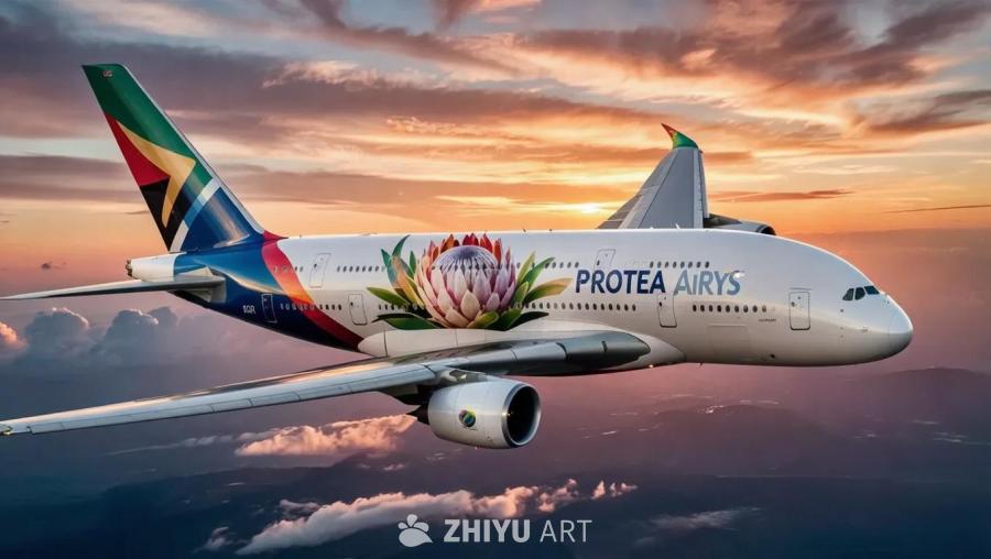一架空中客车A380型飞机在日落时分的天空中飞行。