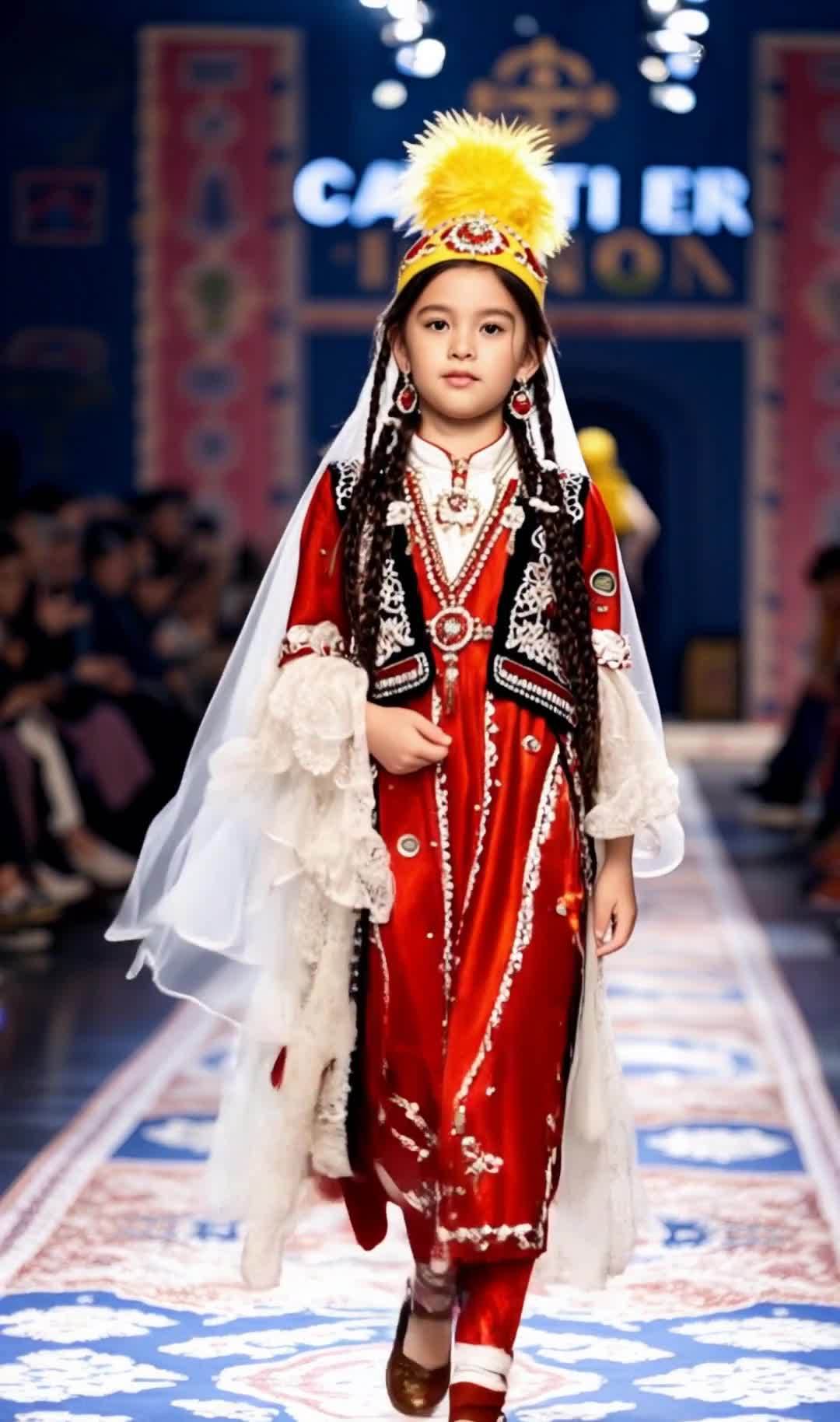 时装周：身着民族服饰的优雅少女模特展示传统风采