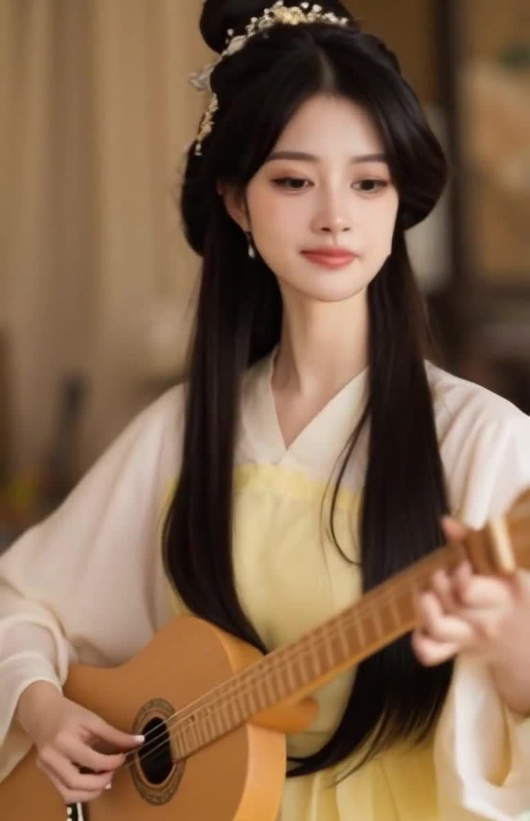 古装女子弹奏木吉他，发髻金饰古典韵味十足