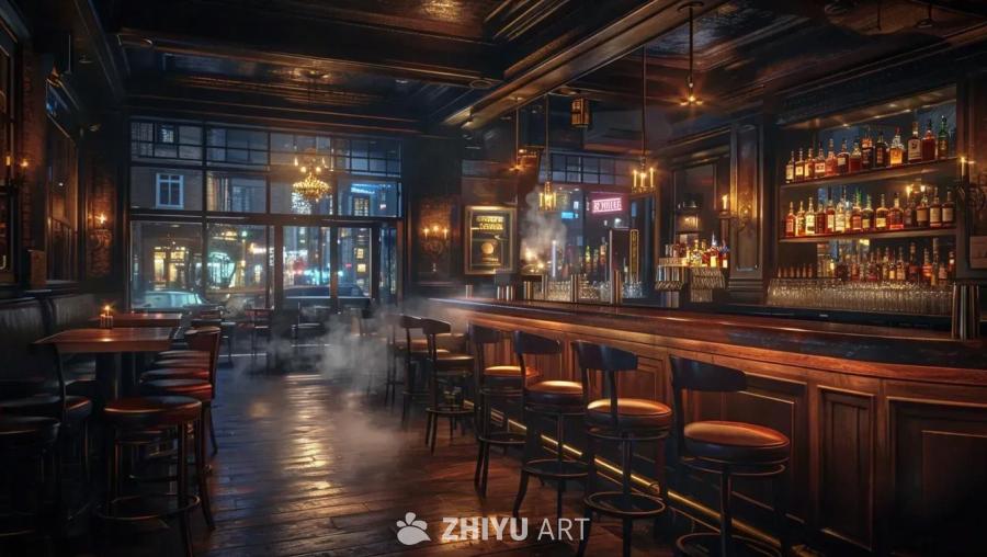 昏暗的酒吧内部，没有人物出现。酒吧内陈设木质吧台，