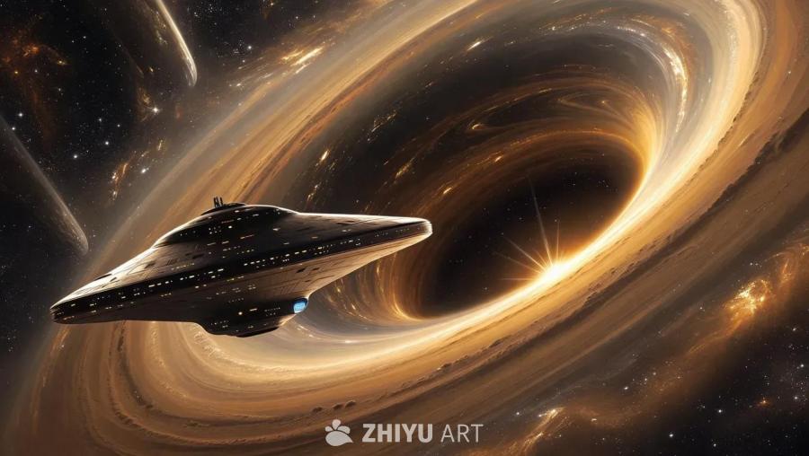 星际空间中，一个黑洞呈现出生动的画面。一艘宏伟的、