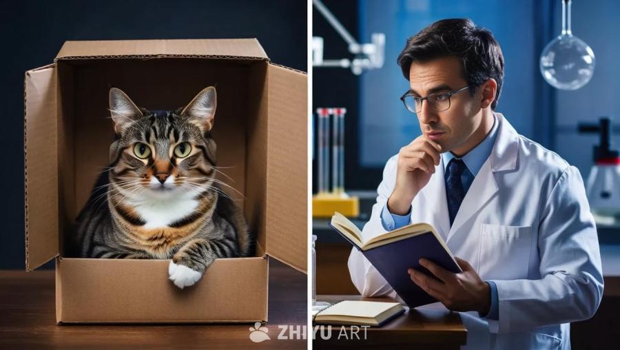分屏图像，一边是一只猫在盒子里，另一边是一位科学家