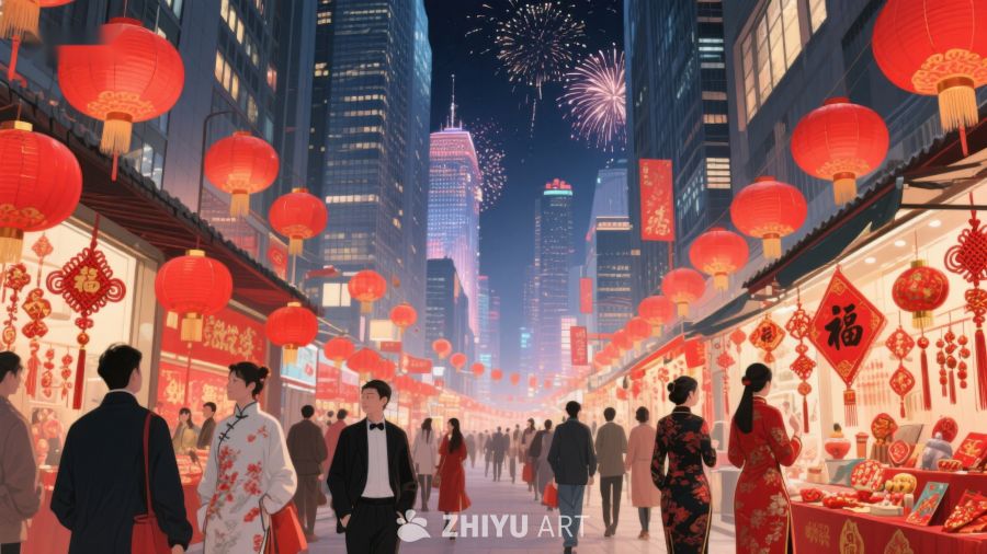 夜幕下的城市街景，庆祝节日的热闹氛围 1223