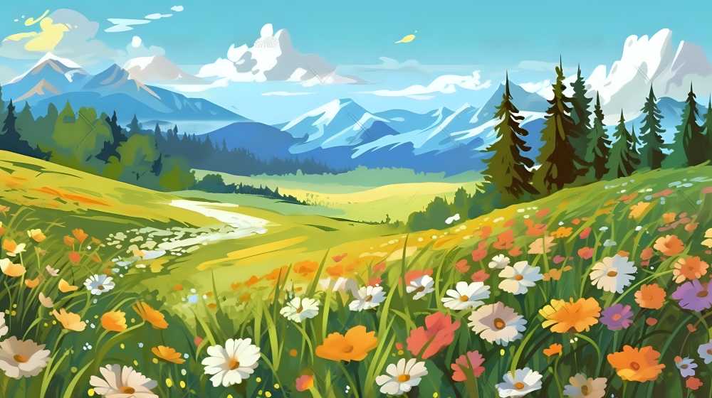 插画田园风光小草小花
