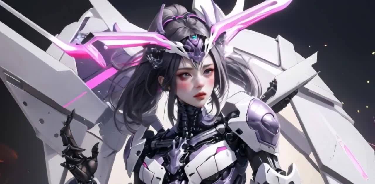 机甲风格女战士，紫白配色，未来星际战争。