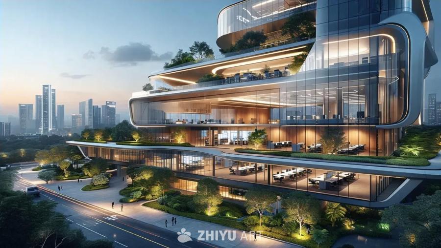 一座现代设计的商业办公综合体，建筑外墙以玻璃为主，
