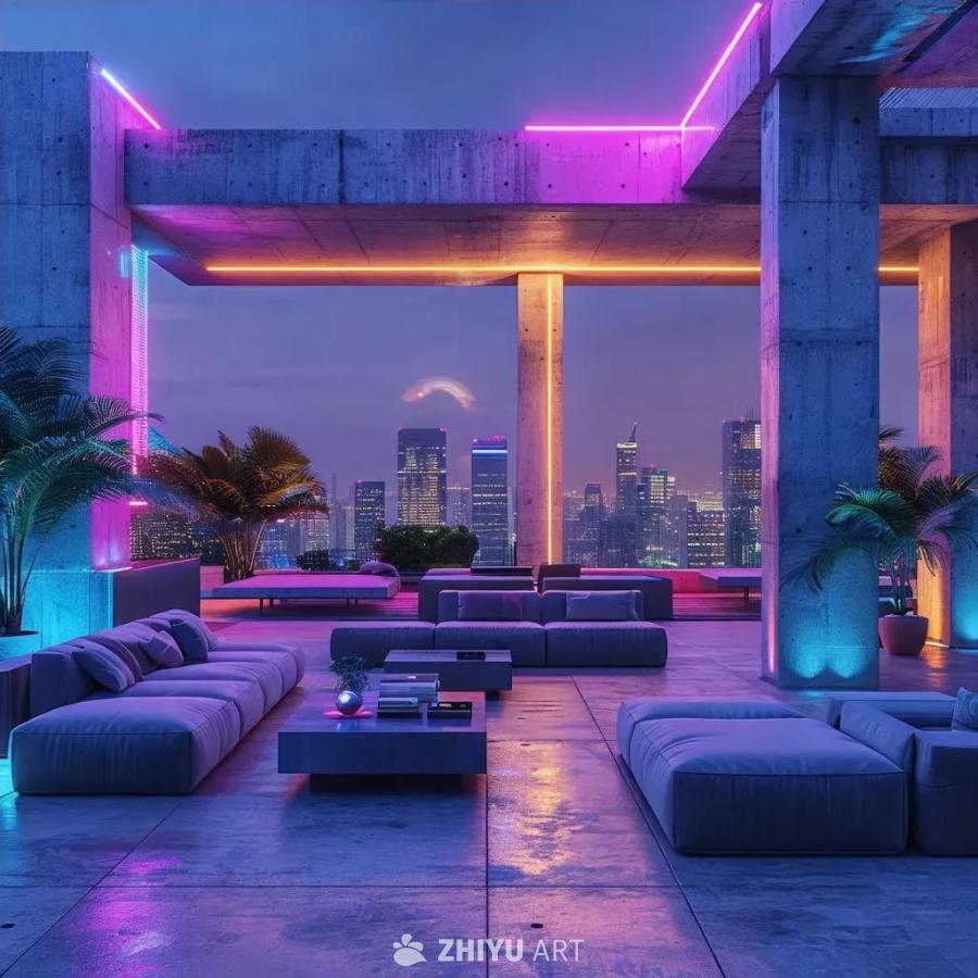 一个宽阔的露台，灵感来自银翼杀手，配有混凝土和钢制