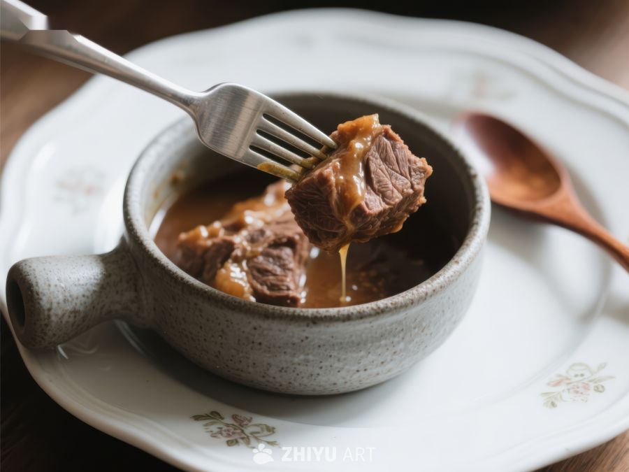叉子夹起炖牛肉，浓郁汤汁滴落 63