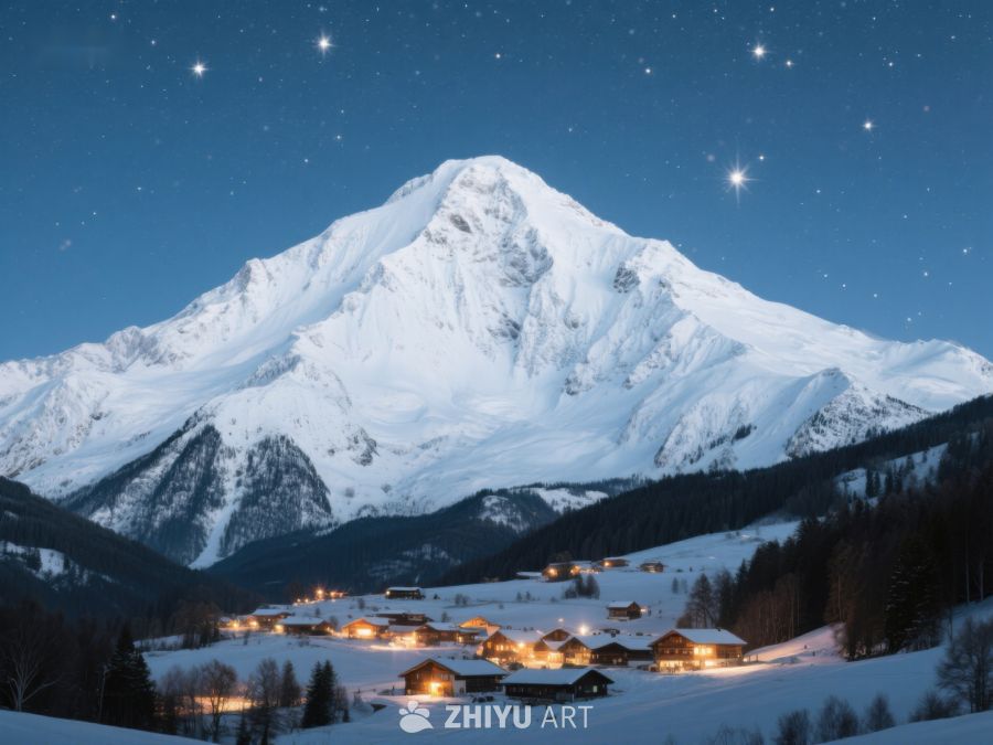 雪山下的宁静村庄夜景 232