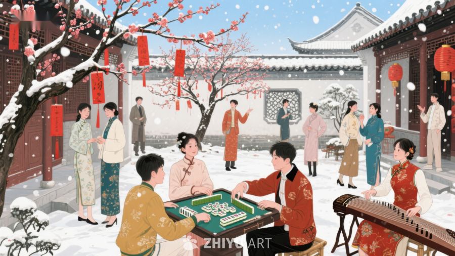 雪中庭院，传统服饰人物欢聚一堂 1152