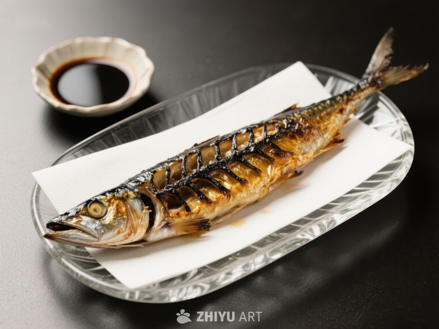 烤鲭鱼配酱油碟