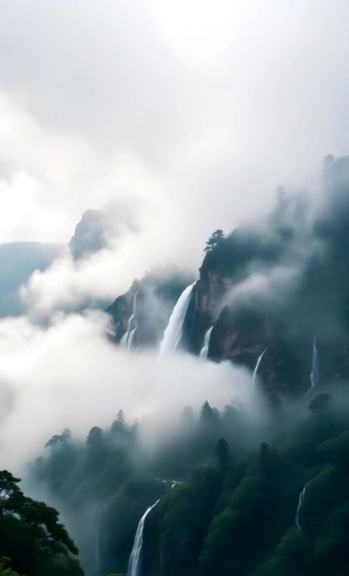 高耸的山峰矗立在云雾之中，几条瀑布从山间飞流直下。