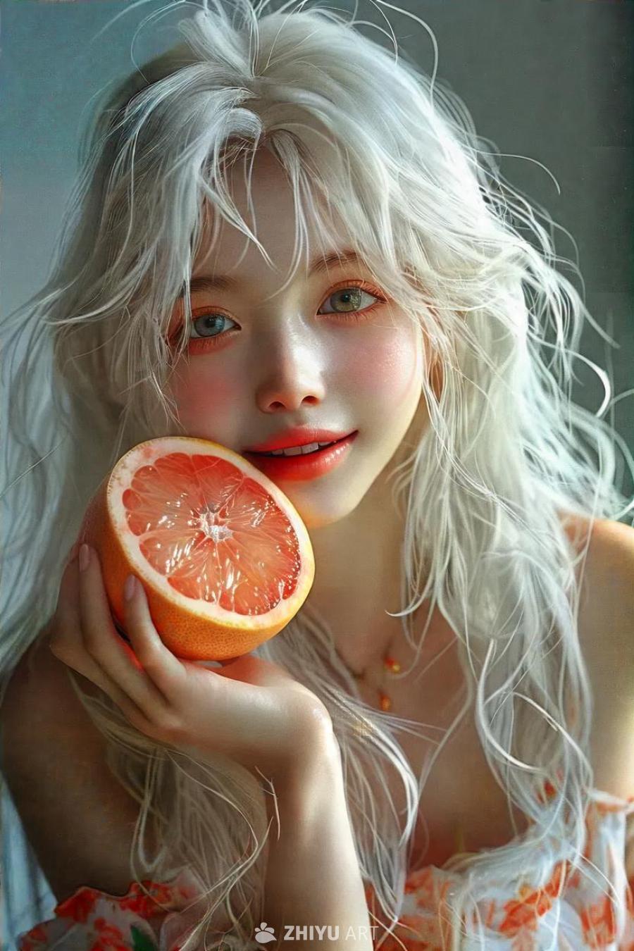 一位有着白色长发的年轻女子，手中拿着一个葡萄柚，面
