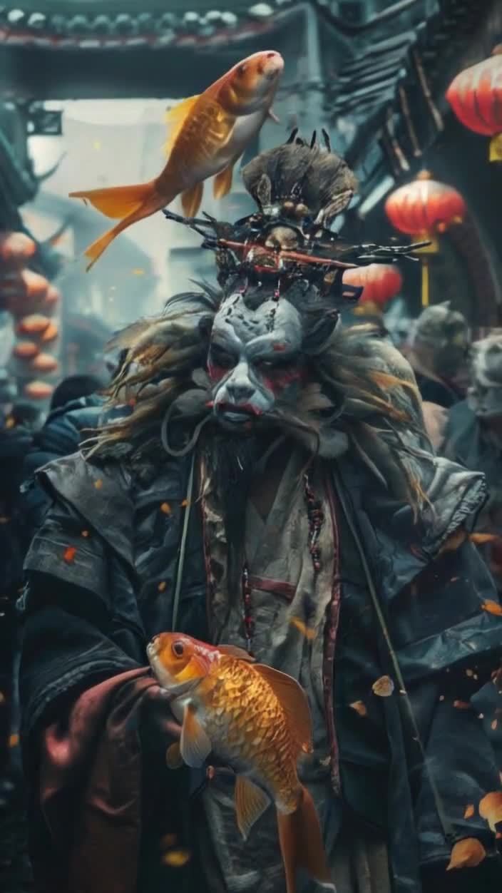 戴面具的人与金鱼在飘落落叶的红灯笼街道
