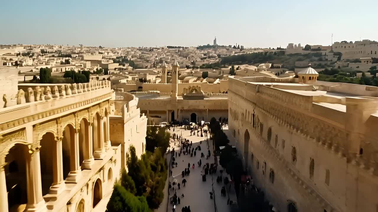 一个古代城市的鸟瞰图，拥有装饰华丽的宫殿和熙熙攘攘