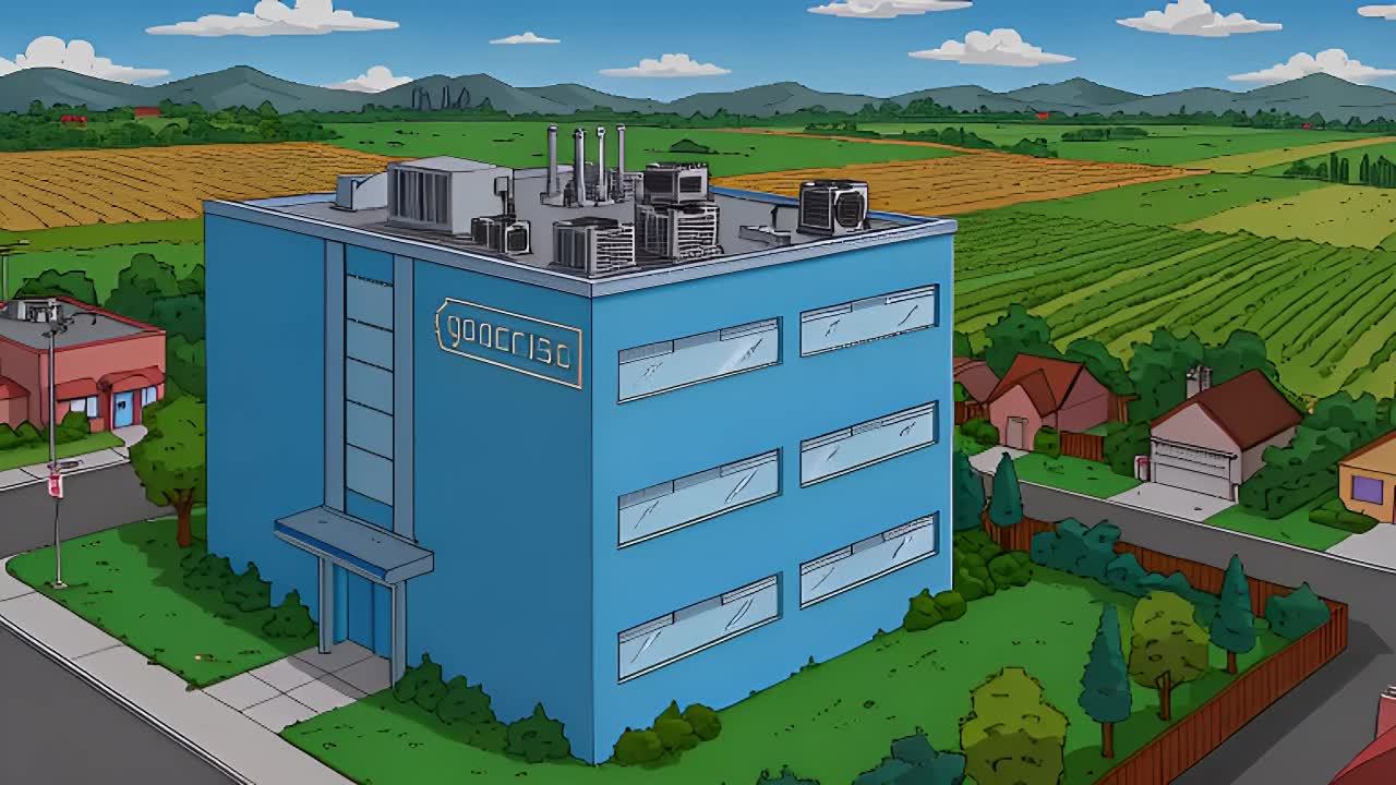 一栋蓝色的建筑物矗立在画面中央，建筑物顶部有多个空