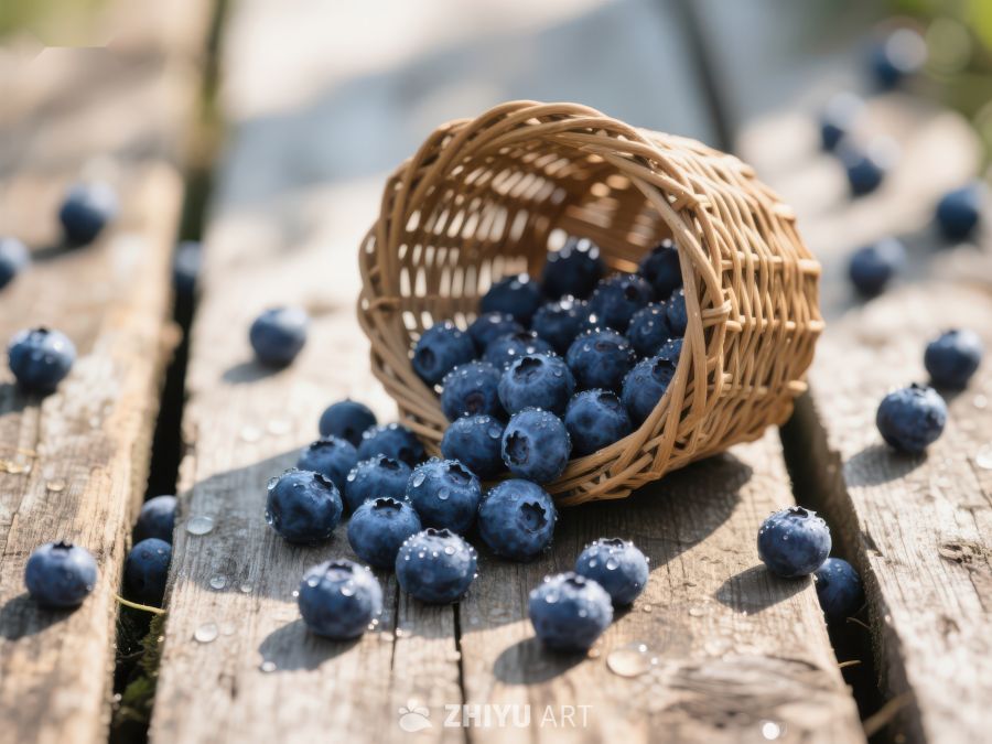 蓝莓散落篮中，木质桌面上的清新景象 319