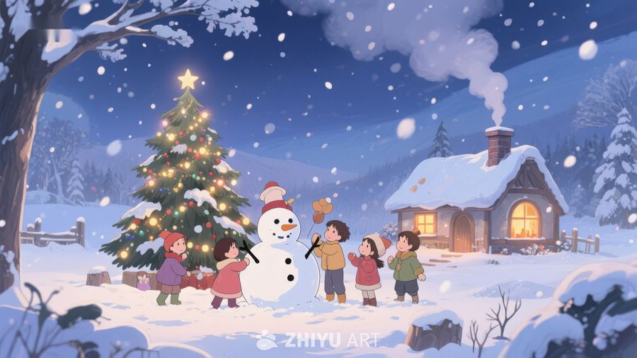 冬夜雪地里的圣诞树与欢聚 101