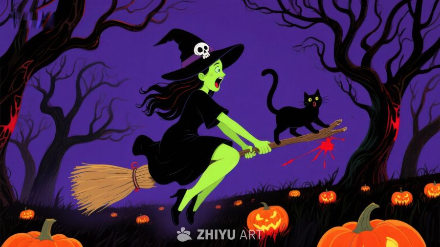 万圣夜巫女骑扫帚与黑猫