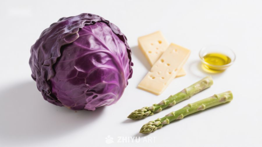 紫甘蓝与芦笋等食材组合