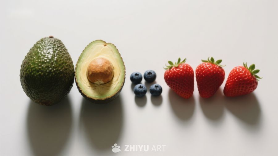 新鲜水果排列：牛油果、蓝莓与草莓