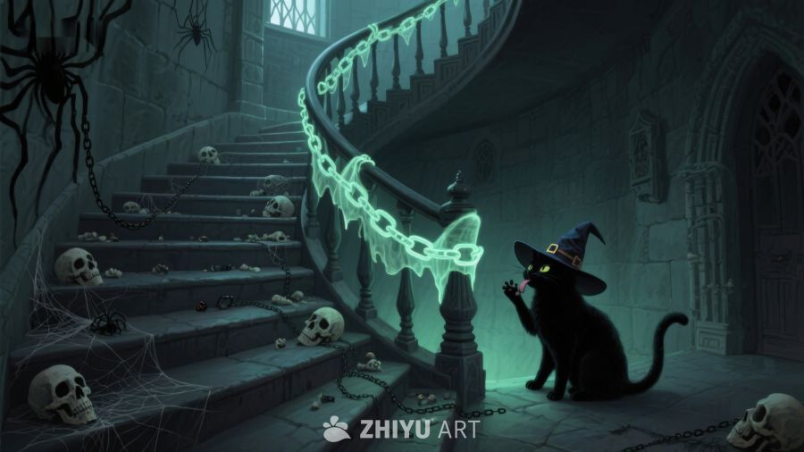 幽灵楼梯上的黑猫与巫师帽