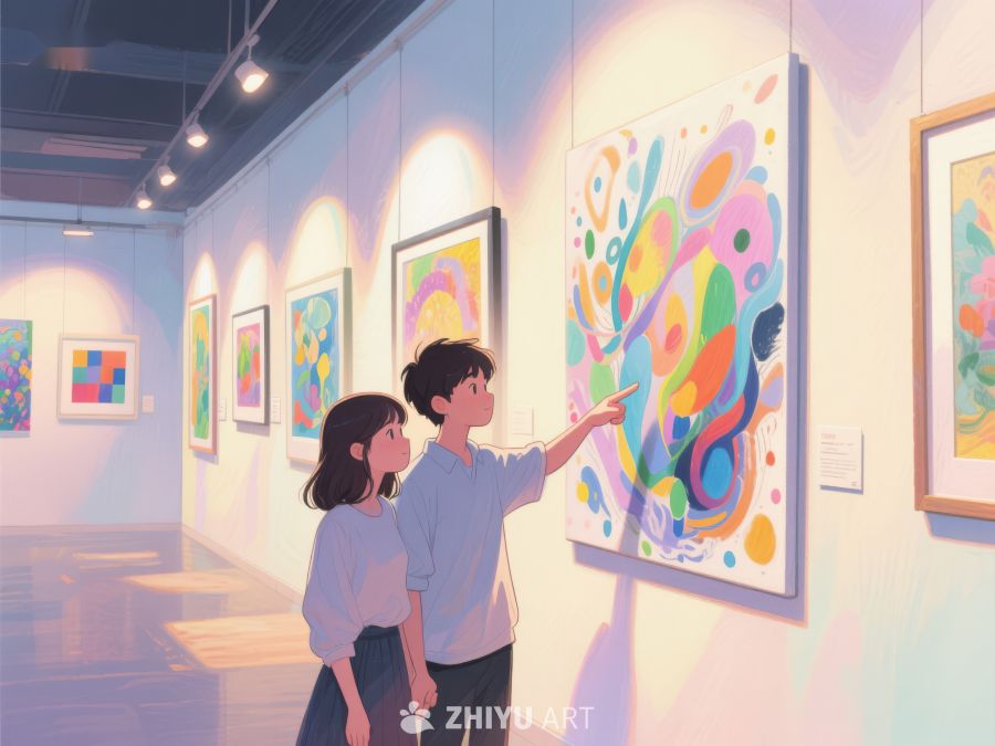 艺术馆内两人欣赏抽象画作 1086