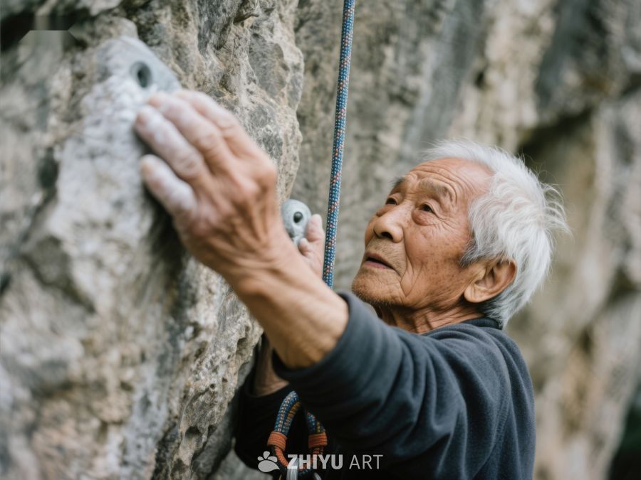 老人岩壁攀爬，展现坚韧精神 476