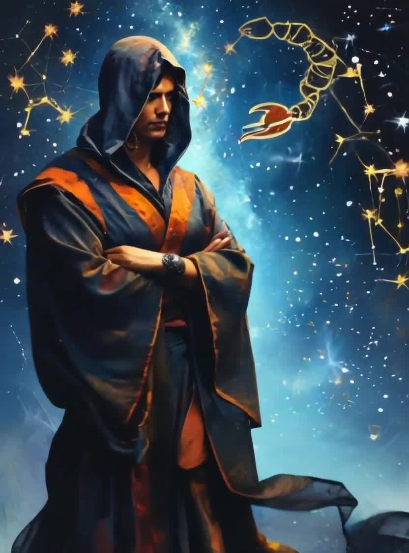 星空下的连帽长袍男子与天蝎座
