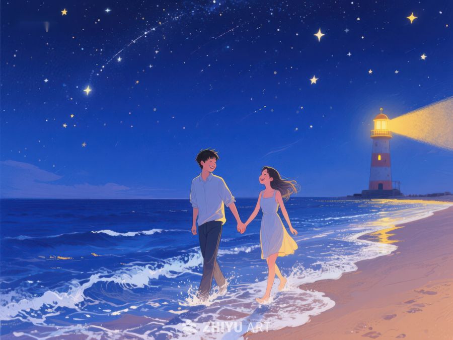 夜空下情侣海边漫步 1070