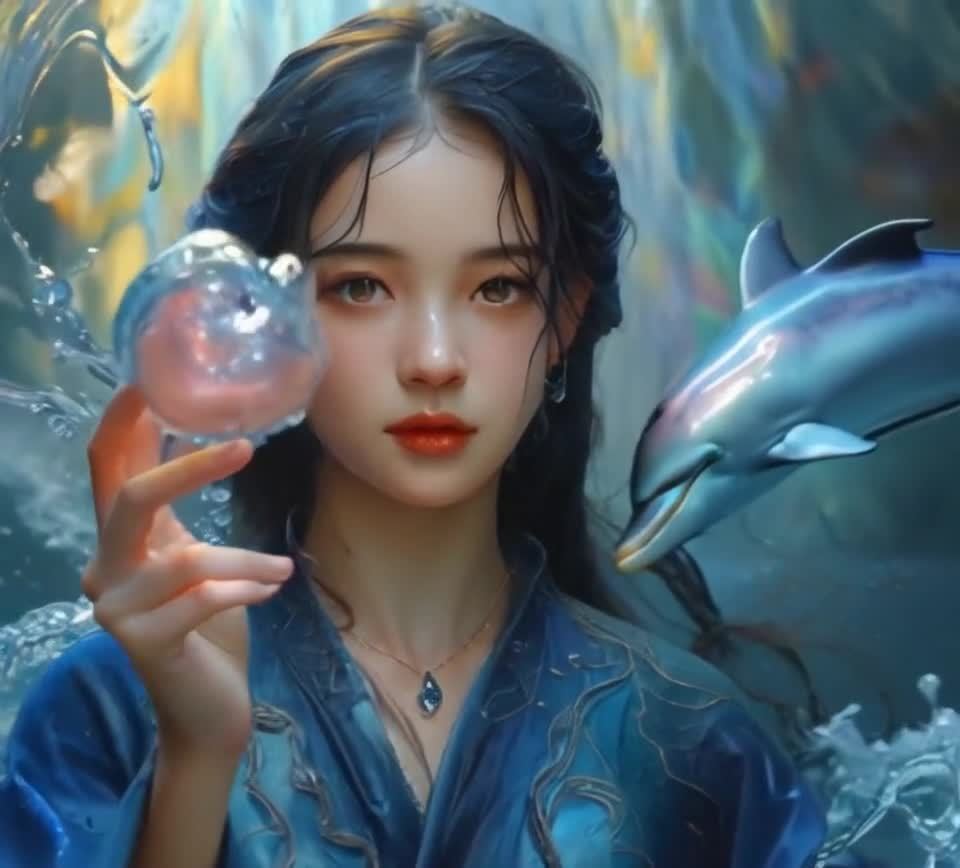 一位长发美女身穿蓝色服饰，颈部佩戴一颗水滴形宝石项