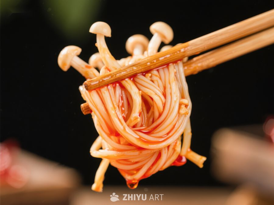 筷子夹起金针菇拌面特写 684