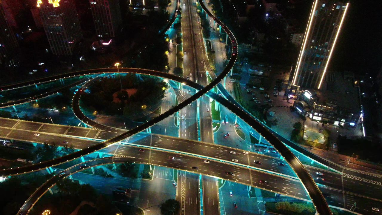  济南城市夜景交通航拍