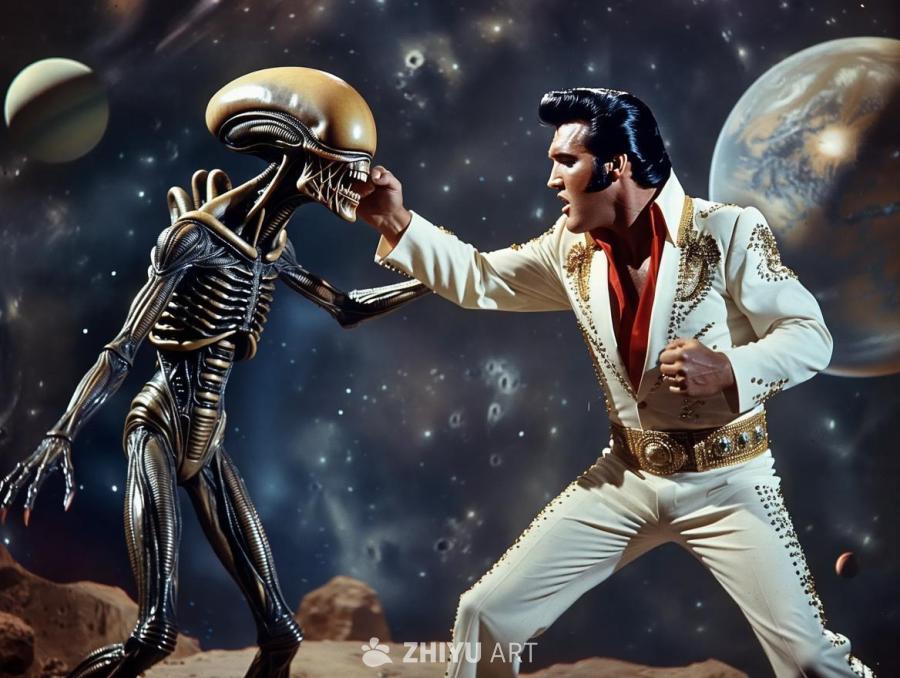 身穿白色镶金服装的男子，正挥拳击打一个外星生物的头