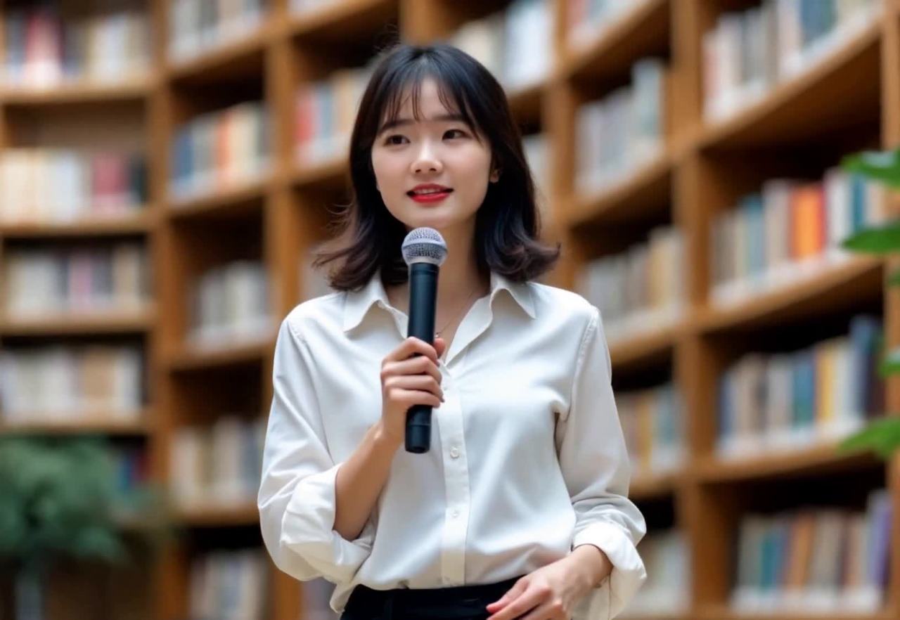 微笑女性持麦克风于图书馆演讲