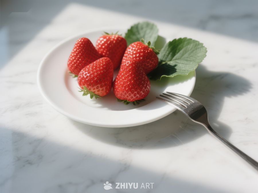 新鲜草莓配绿叶置于白色盘中 521