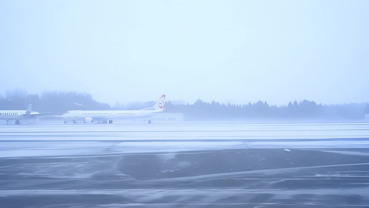 机场被大雪覆盖。跑道和航站楼被旋转的雪花遮挡。这个
