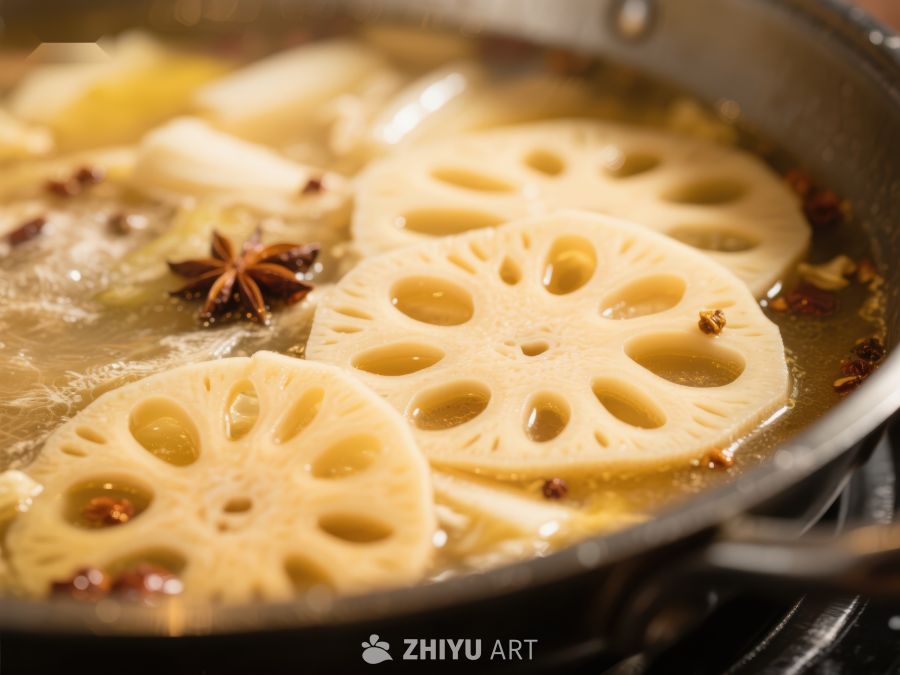 莲藕片在锅中炖煮 356