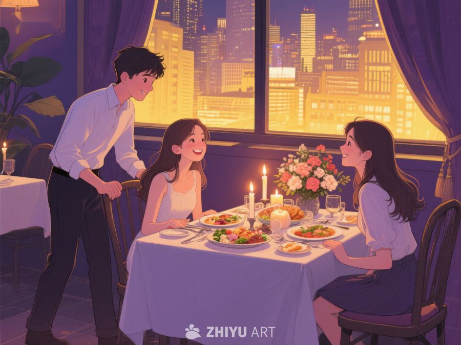 温馨晚餐，城市夜景相伴 831