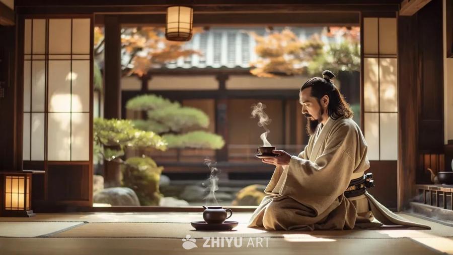 一个穿着武士服装的男人跪坐在传统的日式房屋内。他手