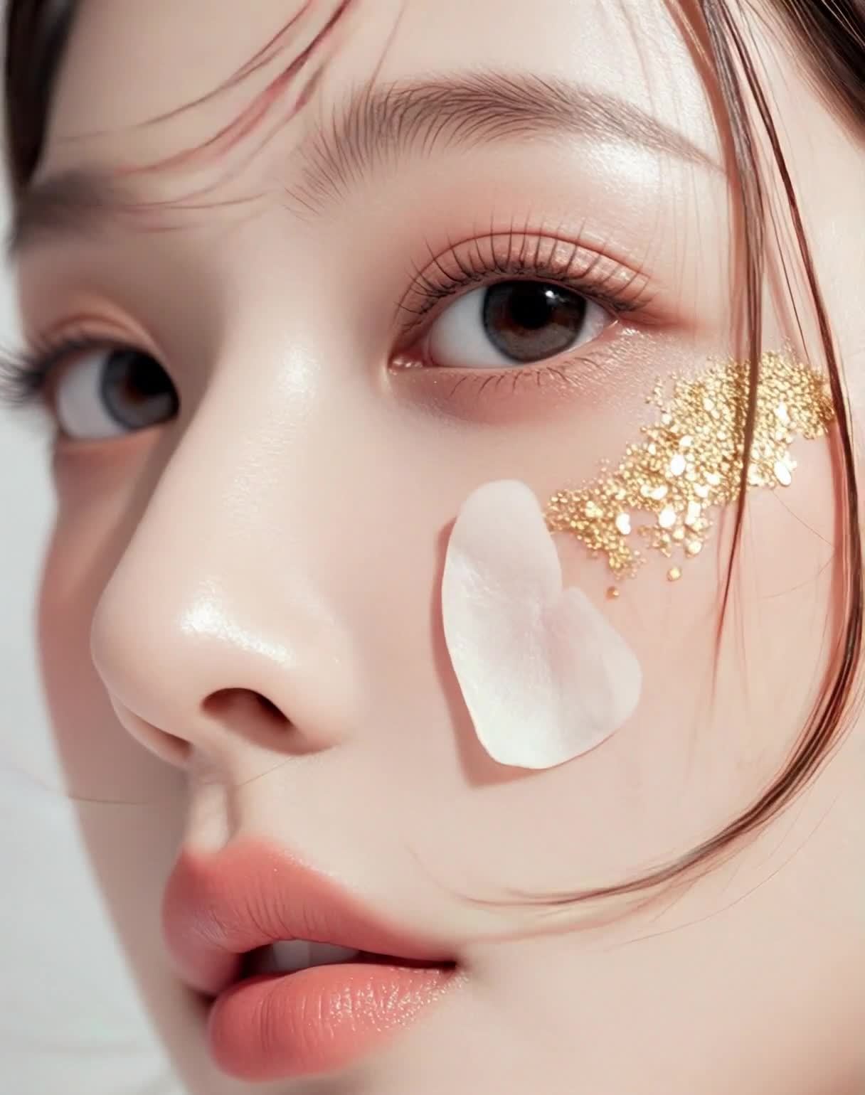 精致妆容女性特写：金色亮片与花瓣点缀