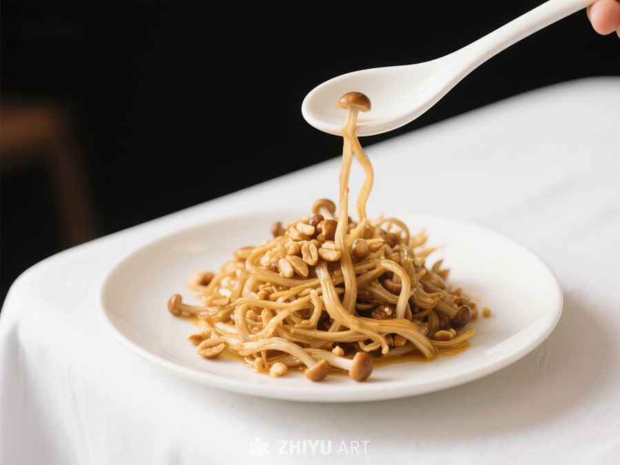 勺子舀起金针菇，盘中美食诱人 1378