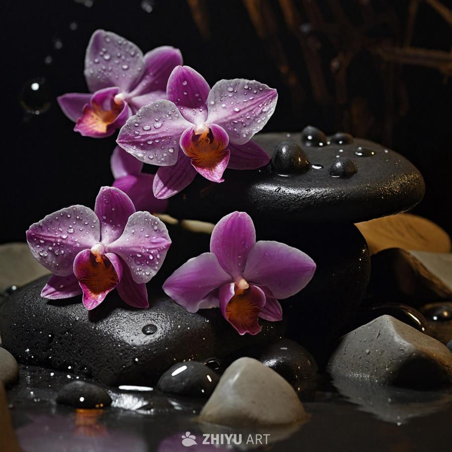 一张兰花的特写照片，兰花呈紫色，放置在黑色的石头上
