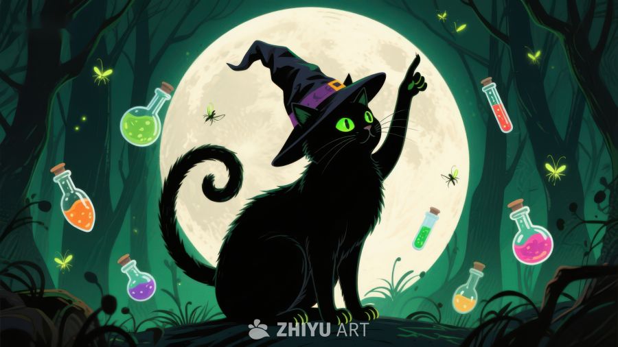 月夜森林中的巫师猫