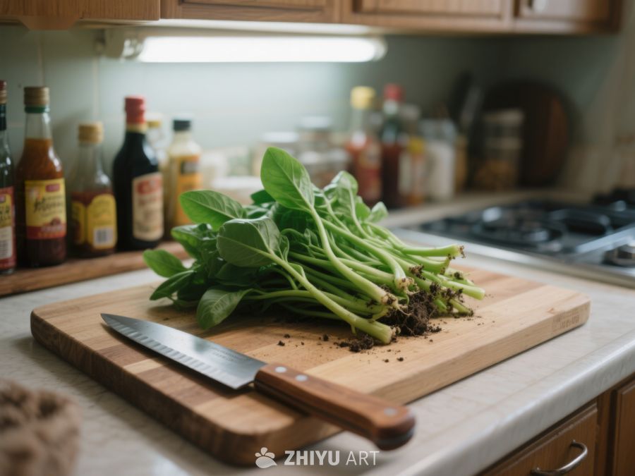 厨房案板上的新鲜绿叶蔬菜 45