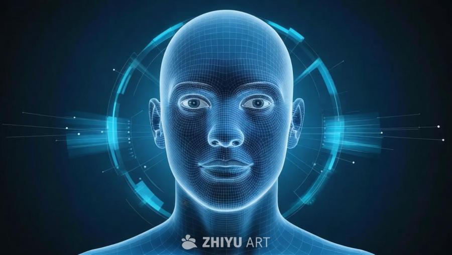 一个由蓝色网格线构成的人脸图像位于深蓝色背景中。人