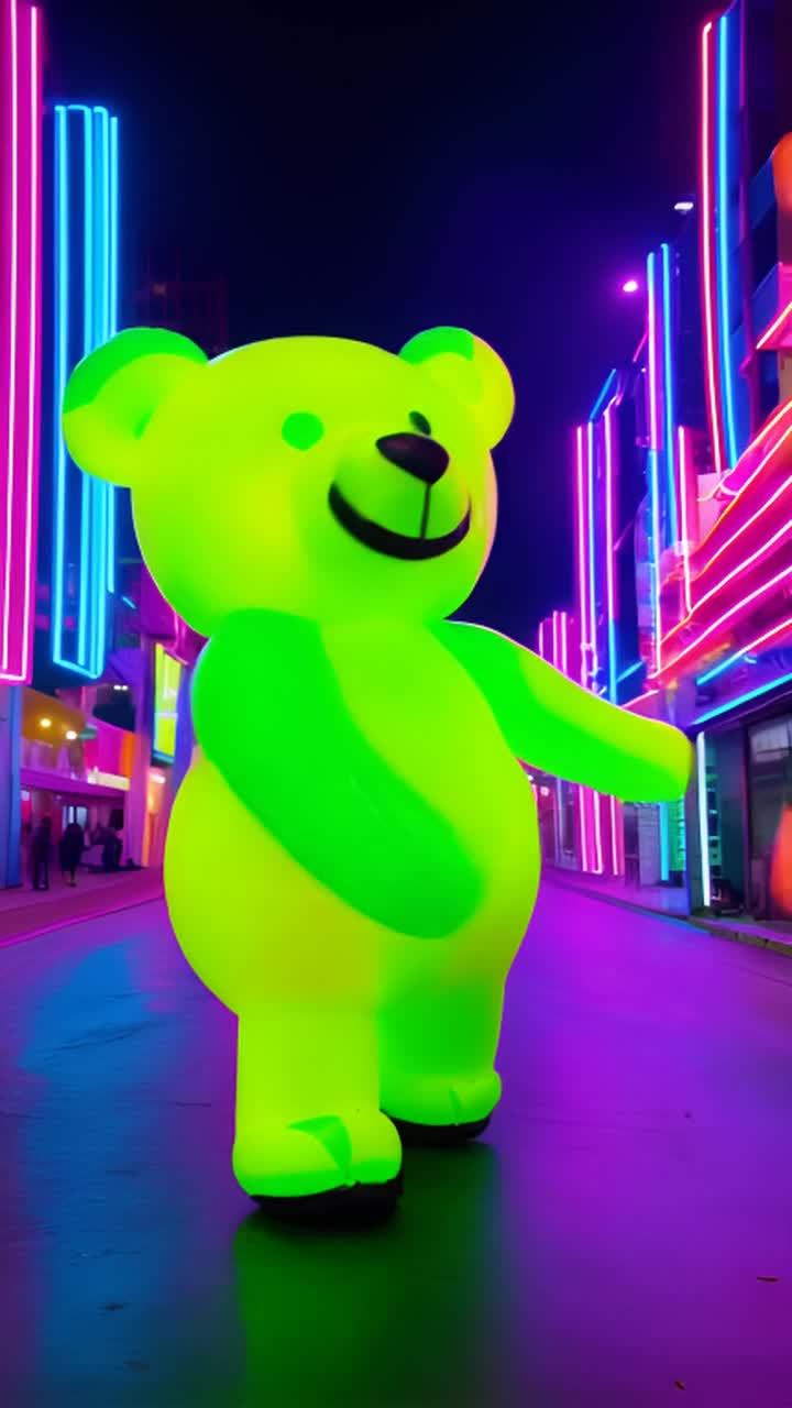 街道上有一只荧光绿色和黄色的气球泰迪熊张开双臂。