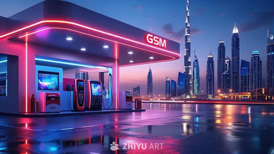 一个带有“GSM”标志的建筑，建筑顶部和立柱都有霓