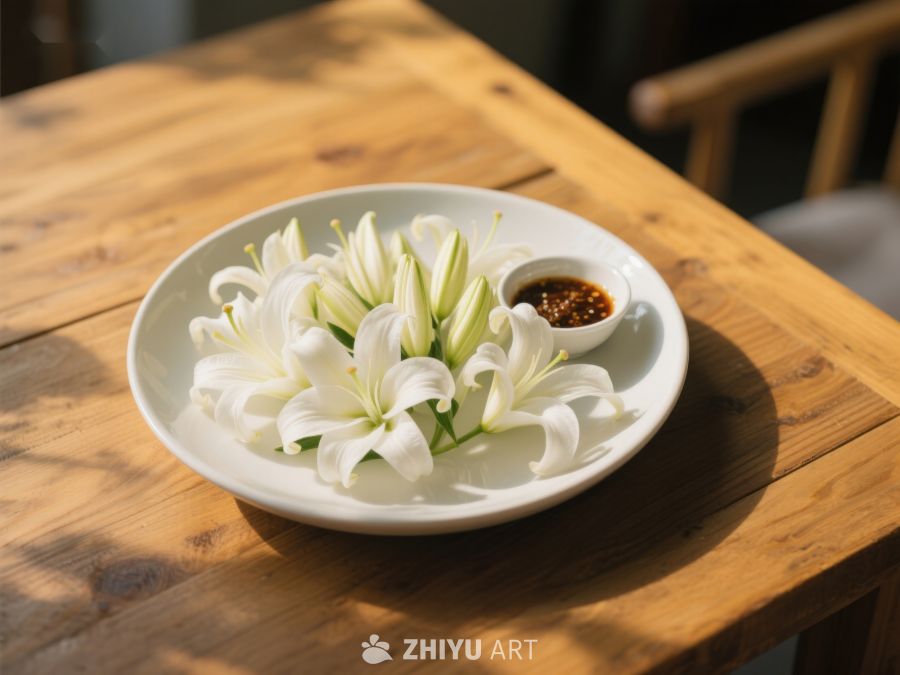 白色百合花置于木质桌上的静谧场景 14