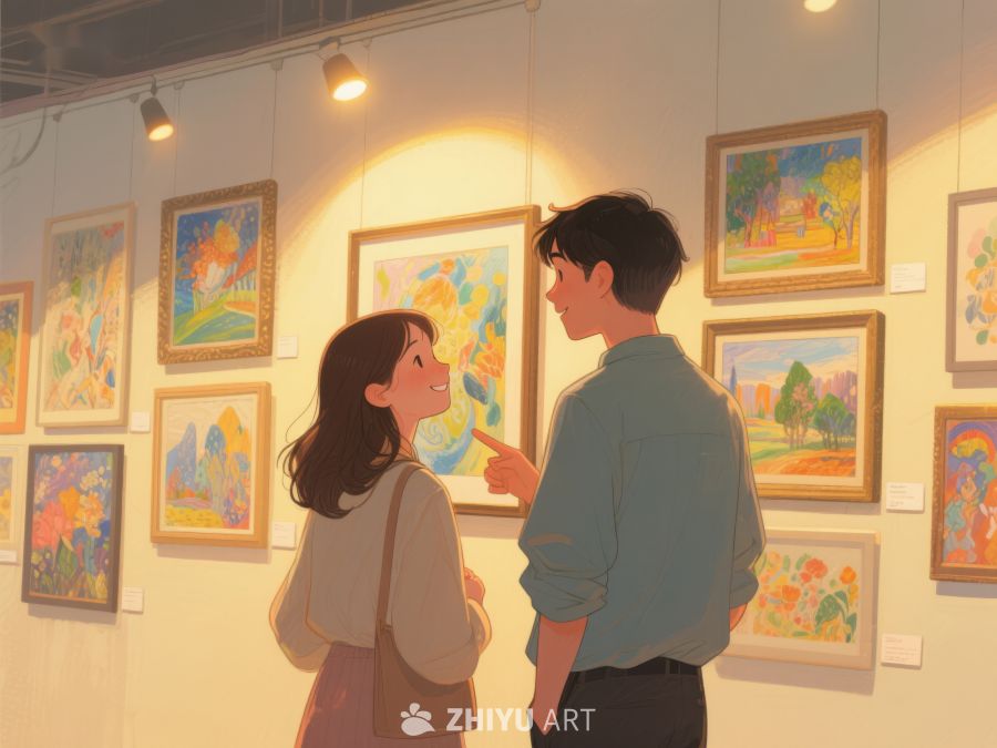 画廊中欣赏艺术的男女 383